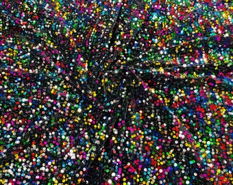 Rainbow Sequin on Black Stretch Velvet With Partial Luxury Sequins  5mm Shining Sequins 2-way Stretch 58/60” (Choose The Quantity)