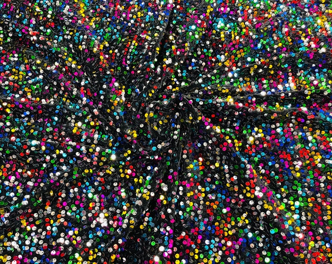 Rainbow Sequin on Black Stretch Velvet With Partial Luxury Sequins  5mm Shining Sequins 2-way Stretch 58/60” (Choose The Quantity)