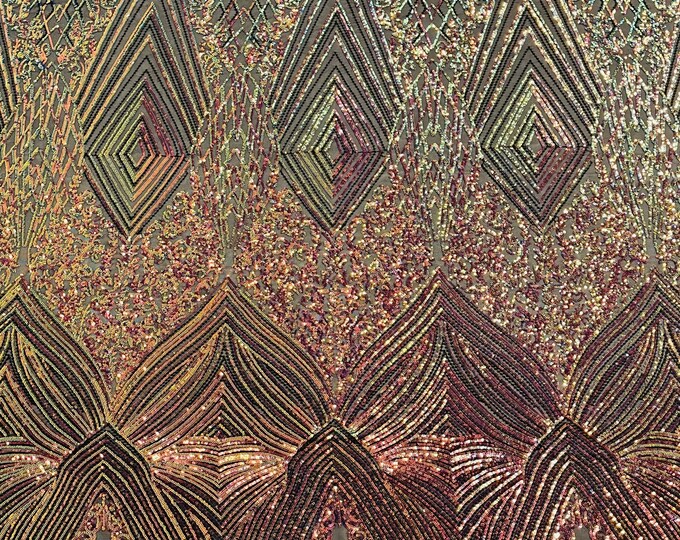 Rainbow Iridescent 4 Way Stretch Geometric Sequins - Nova Design Triangular Fabric for Prom Gala Gown Sold By The Yard