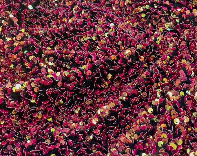 Fuchsia/Gold Sequin on Black Stretch Velvet With Sequins all Over 5mm Sequins 2-way Stretch 58/60” (Choose The Quantity)