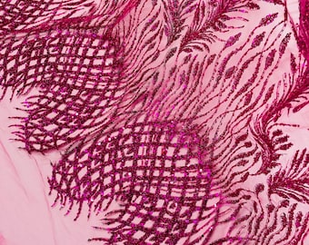 Fuchsia Beaded Damask Fabric: Bridal Sequin Lace by the Yard