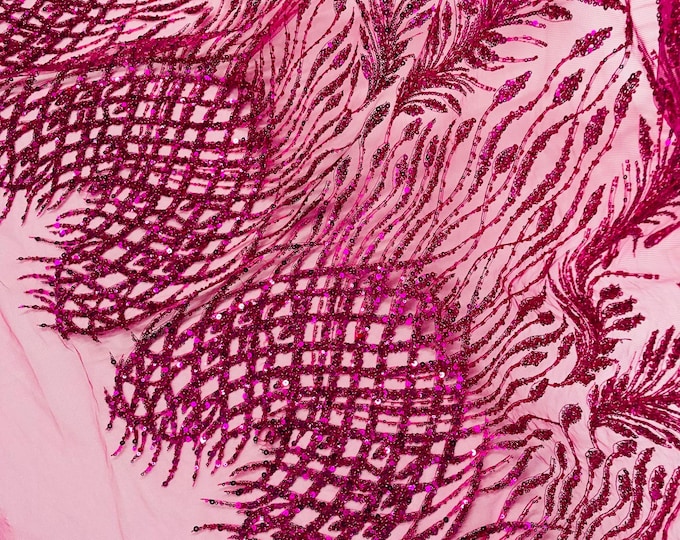 Fuchsia Beaded Fabric by the yard, Bridal Heavy beaded, Damask Pattern With Beads and Sequin, lace for bridals,weddings,prom dress.