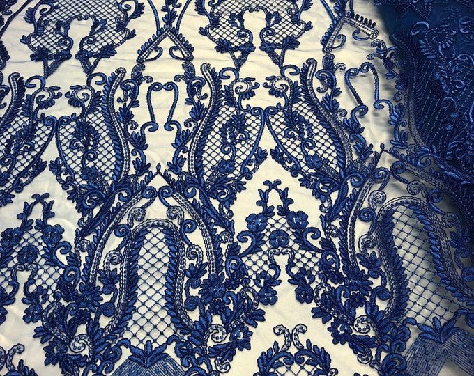 Royal Blue Damask Design Embroidered on Mesh Lace Fabric, Floral Bridal Lace Wedding Dress by the Yard (Pick a Size)