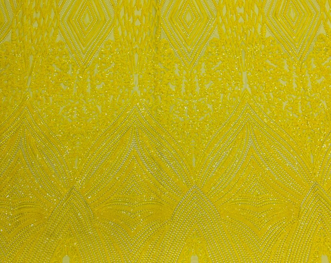 Yellow 4 Way Stretch Geometric Sequins - Nova Design Triangular Fabric for Prom Gala Gown Sold By The Yard