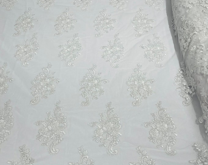 White Floral Lace Fabric, Embroidery on a Mesh Lace Fabric For Wedding-Bridal By Yard