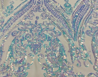 Iridescent Clear Sequins Fabric, Damask Design 4 Way Stretch Sequin Fabric on a White Spandex Mesh-Prom-Gown By The Yard