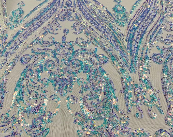 Iridescent Clear Sequins Fabric, Damask Design 4 Way Stretch Sequin Fabric on a White Spandex Mesh-Prom-Gown By The Yard