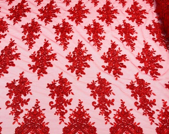 Red Floral Lace Fabric: Sequined Embroidery on Mesh, Bridal Gown Fabric