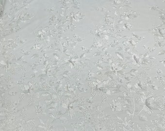 White 3D Floral Design - by the yard - Embroider Flower With Pearls On a Mesh Lace-Prom-Dresses-Nightgown-Apparel