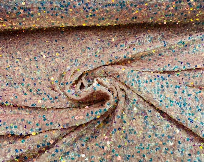 Clear Iridescent Sequin Fabric on Lt Pink Stretch Velvet - by the yard - all Over 5mm Sequins Velvet 2-way Stretch 58/60”