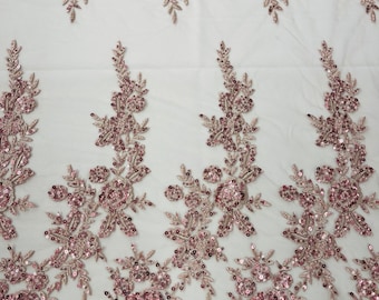 Dusty Rose Floral Beaded Fabric – Embroidered Sequins, Bridal Wedding Lace