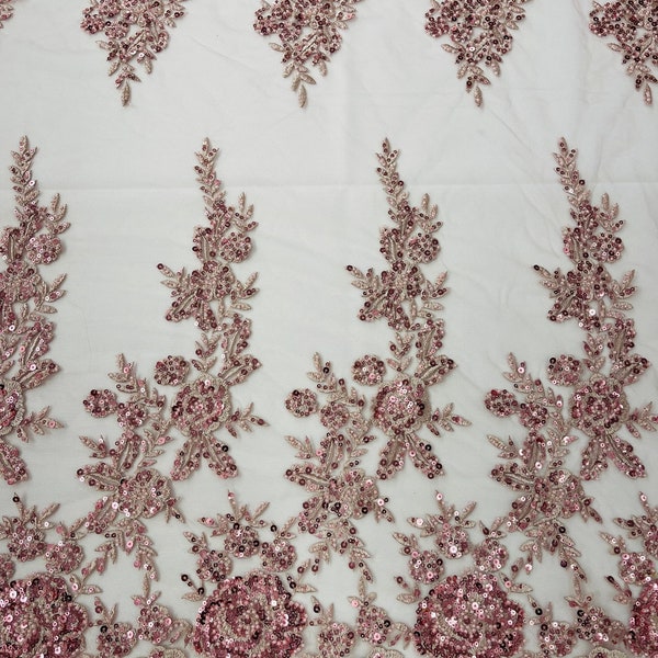 Dusty Rose Floral Pattern Beaded Fabric - Embroidered Beaded & Sequins Wedding Bridal Fabric Sold By The Yard