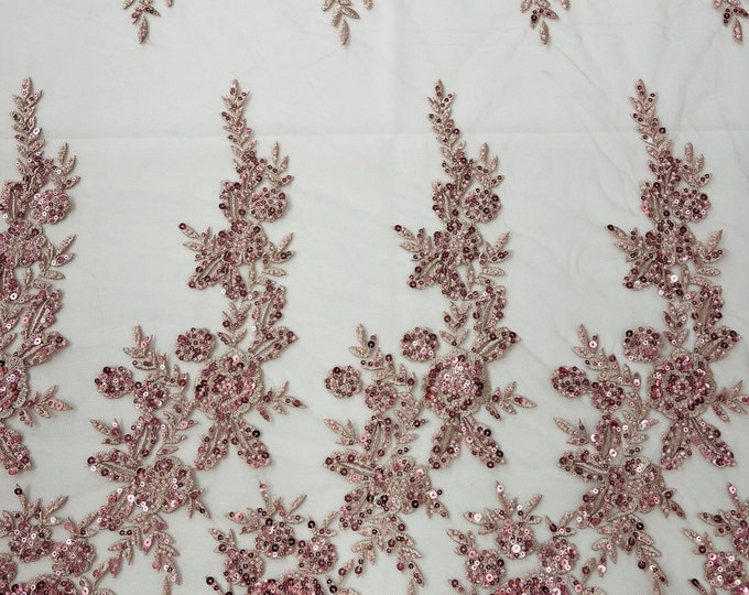 Dusty Rose Floral Pattern Beaded Fabric - Embroidered Beaded & Sequins Wedding Bridal Fabric Sold By The Yard