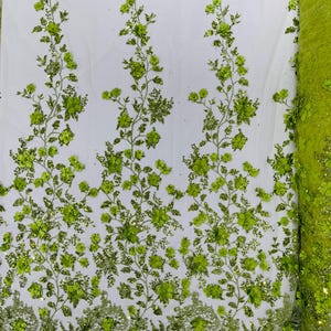 May include: Green floral lace fabric with glitter accents. The fabric features a repeating pattern of green flowers and leaves on a sheer mesh background.