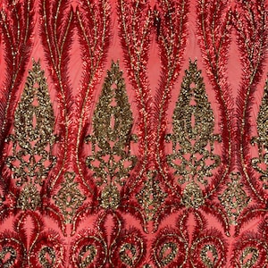 Red & Gold Sequin Fabric – Damask Palm Leaf Design, 4-Way Stretch Mesh, By The Yard