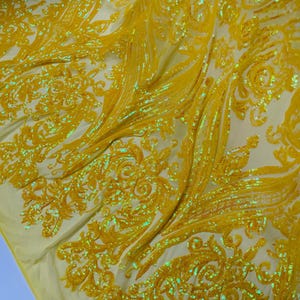 Yellow Iridescent Sequin Fabric by the yard - on Yellow Power Mesh, Big Damask Design 4 Way Stretch Sequins Fabric Prom-Gown