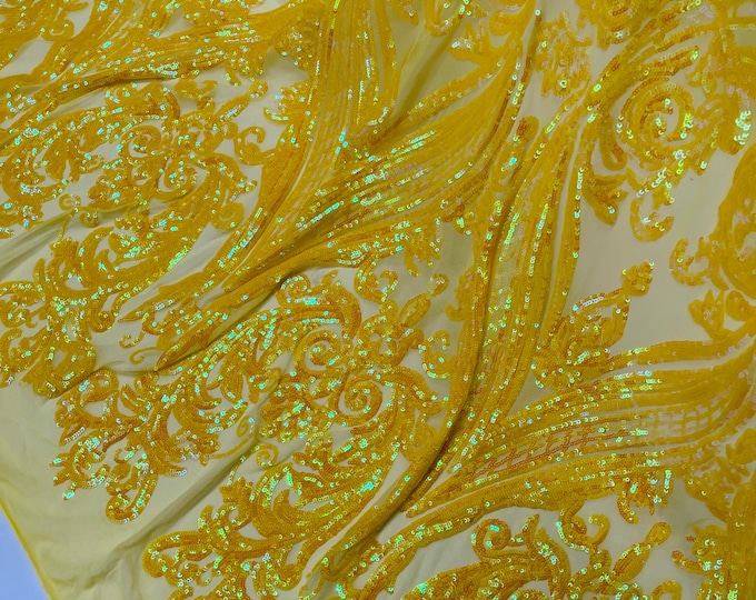Yellow Iridescent Sequin Fabric by the yard - on Yellow Power Mesh, Big Damask Design 4 Way Stretch Sequins Fabric Prom-Gown