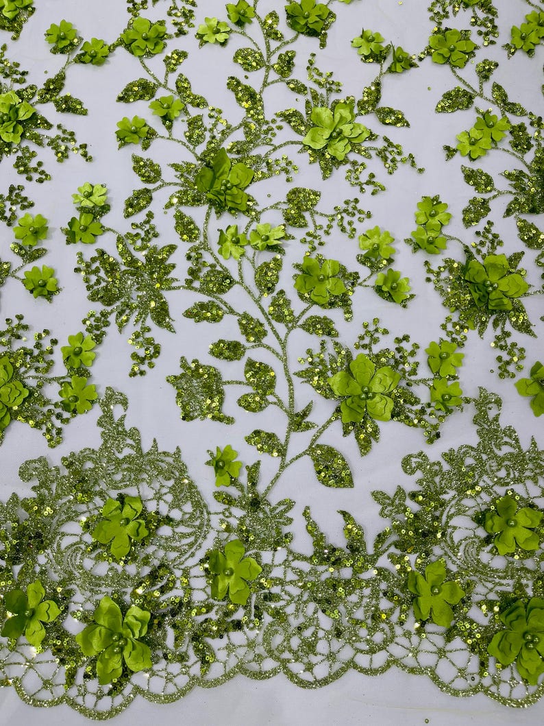 May include: Green floral lace fabric with 3D flowers and sequins. The fabric has a delicate, intricate design and is perfect for adding a touch of elegance to any project.