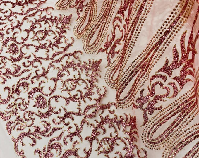 Dusty Rose/Gold Glitter Mesh Lace Fabric - Geometric Damask, Bridal, Prom by the yard