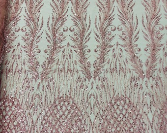 Pink Beaded Lace Fabric: Damask Sequin Appliqué, Bridal Wedding Dress