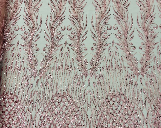 Pink Beaded Fabric by the yard, Bridal Heavy beaded, Damask Pattern With Beads and Sequin, Appliqué lace for bridals,weddings,prom dress.