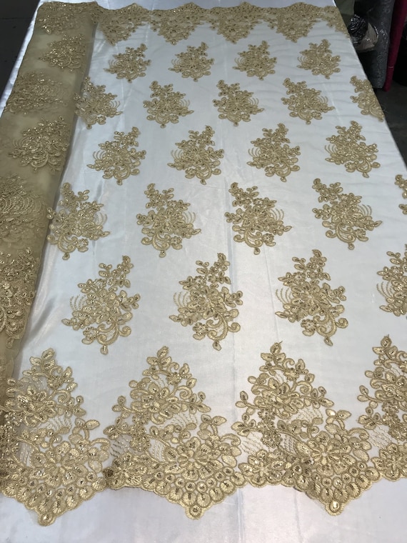 Buy Flower Lace Fabric Gold Floral Clusters Embroidered Lace Mesh