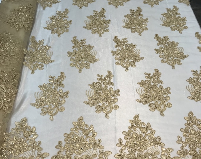 Flower Lace Fabric - Gold Floral Clusters Embroidered Lace Mesh Fabric Sold By The Yard