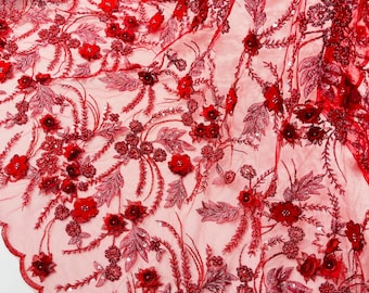 Red Silver 3D Floral Beaded Lace Fabric: Beaded Sequins on a Mesh, Apparel-Prom - By The Yard
