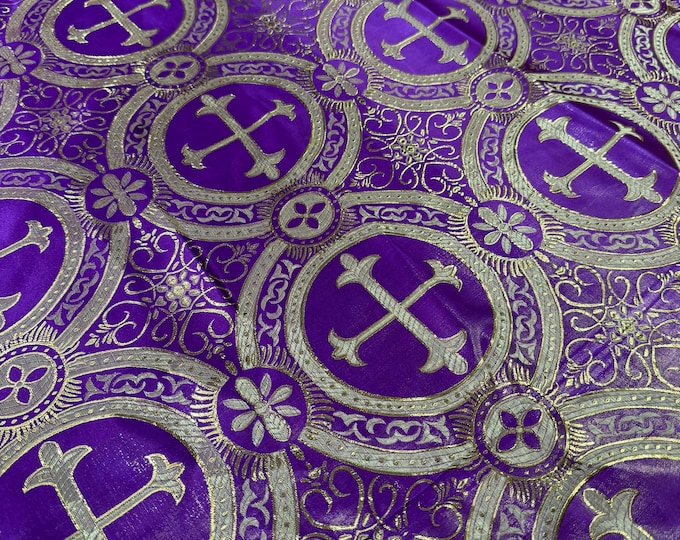 Purple/Gold Cross Brocade Fabric: Religious Vestment Material - 58/60" Wide