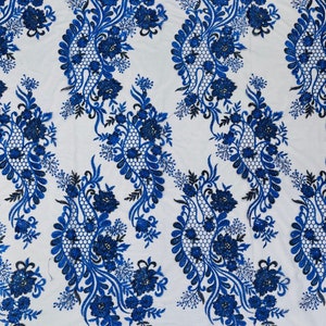 Royal Blue Floral Sequined Lace Fabric: Embroidered Mesh, Scalloped Edge