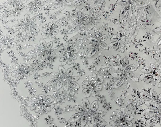Silver Lace Fabric With Sequins, Metallic Thread Flower Embroidery by Yard