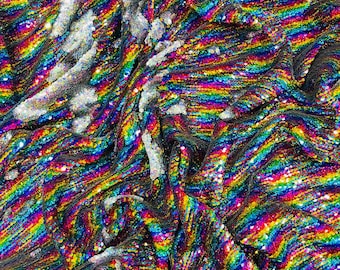 Hologram Silver/Rainbow Flip Sequins Fabric: 2-Way Stretch Reversible Material