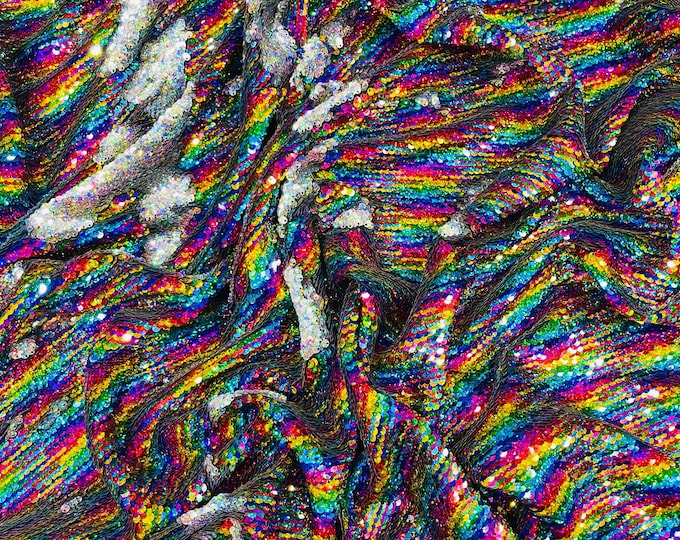 Hologram Silver/Rainbow Sequins Fabric: 2-Way Stretch Flip-Up Reversible Sequin