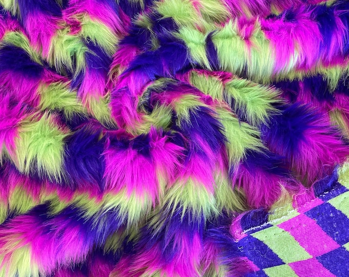 Lime Gree Purple Hot Pink Faux Fur Fabric By The Yard - Faux Fake 3 Tone Decoration Soft Furry Fabric 60" Wide