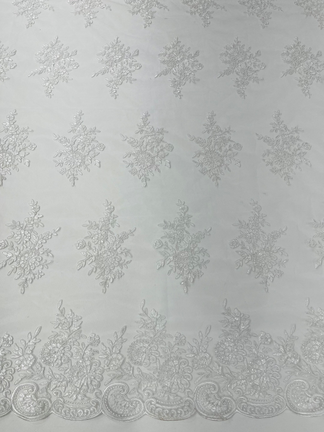 White Lace Flower Design Embroidered on Mesh Lace Fabric, Floral Bridal