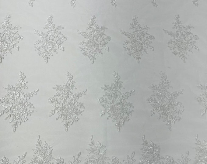 White Lace Flower Design Embroidered on Mesh Lace Fabric, Floral Bridal Lace Wedding Dress by the Yard (Pick a Size)