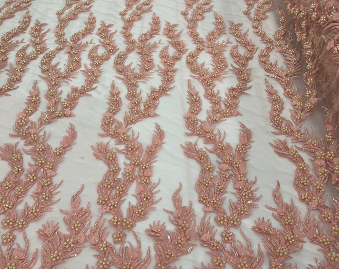 Peach Beaded Fabric - Embroidered Flower Beaded Fabric Wedding Bridal Sold By Yard