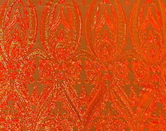 Orange Iridescent Sequins  - 4 Way Stretch Fancy Big Damask Design Sequins on Spandex Mesh Prom Gala Gown Fabric By The Yard
