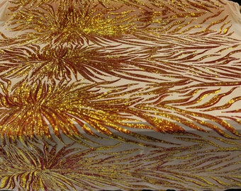 Orange Iridescent Sequin Fabric: 4-Way Stretch Spandex Mesh, Sold By Yard