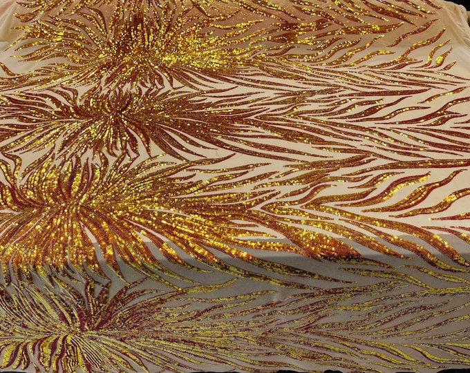 New Orange Iridescent Sequin Fabric 4 Way Stretch Phoenix Wing Sequin Spandex Mesh Fabric for Prom Gala Gown Sold By Yard
