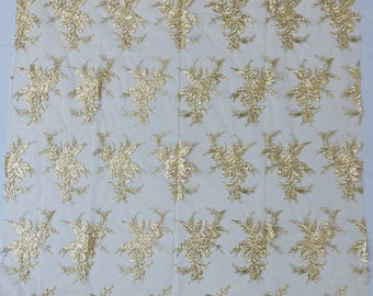 Metallic Gold Floral Sequin Lace Fabric - Bridal Wedding Gown by the yard