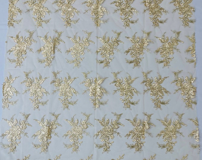 Metallic Gold Floral Lace Fabric by the yard - Embroidery With Sequins on a Mesh Lace Fabric For Gown, Wedding-Bridal