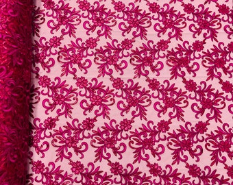 Fuchsia Floral Sequin Embroidery Lace Fabric, Bridal Gown