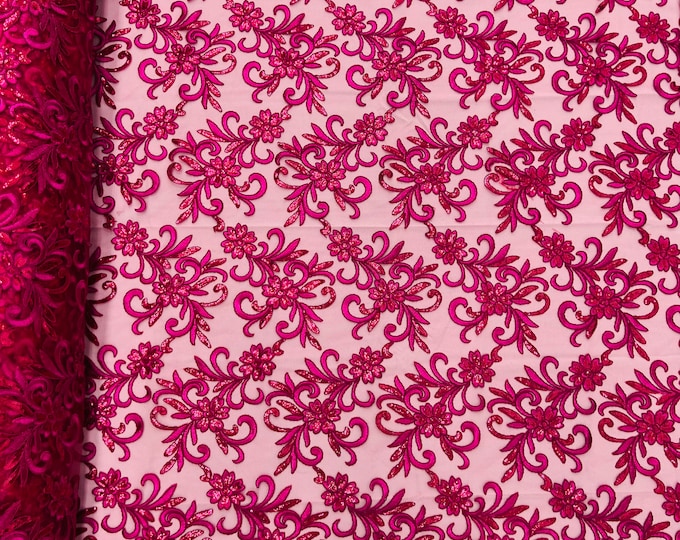Fuchsia Floral Lace Fabric, by the yard - Embroidery With Sequins on a Mesh Lace Fabric For Gown, Wedding-Bridal