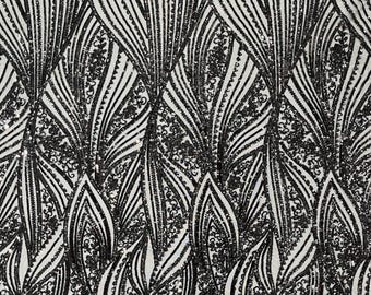 Black Sequin Fabric: 4-Way Stretch Embroidered Damask Mesh, Prom Gown Lace