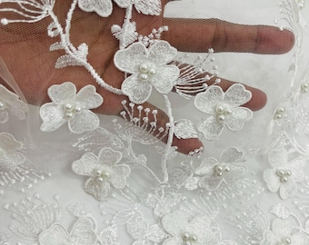 3D Floral Embroidery Lace Fabric with Pearls | White Mesh, Sold By The Yard