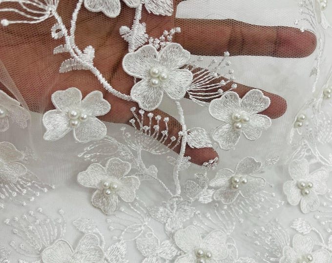 White Multi Color 3D Floral Design Sold by the yard | Embroider With Pearls on a Mesh Lace Fabric | 3D Flower Embroidery Lace Fabric