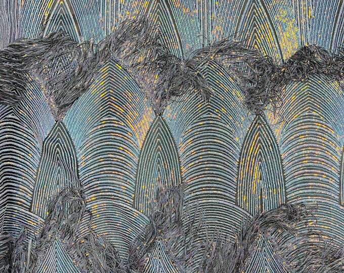 Unicorn Iridescent Fringe Sequins on Black Mesh, Aqua Fringe Design Embroidered on 2 Way Stretch Fancy Sequin ( Choose The Size )