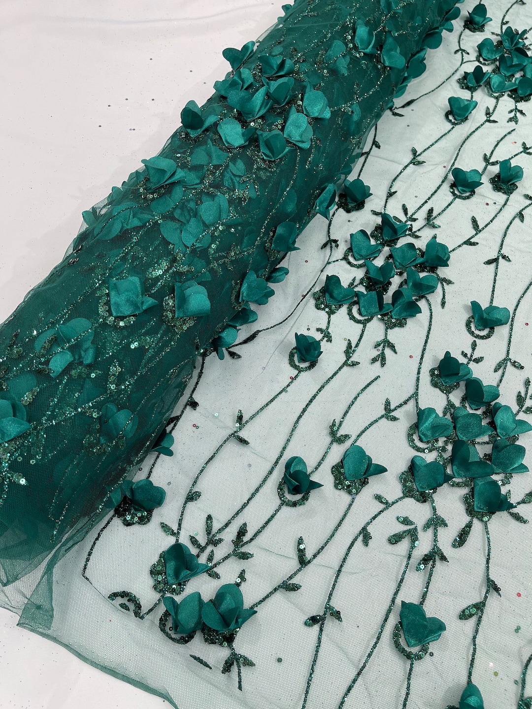 Hunter Green Glitter Tulle Fabric: 3D Flower Sequin Lace, by the Yard ...