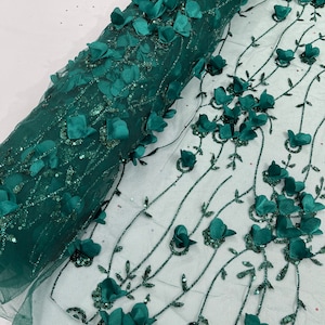 Hunter Green Glitter Tulle 3D Flower Lace Fabric Sequin, by the yard, for wedding dress Quinceañera 3D Floral glitter Tulle With Sequins